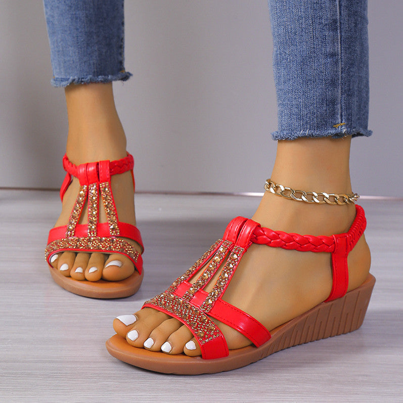 Women's Plus Size Rhinestone Peep Toe Wedge Sandals