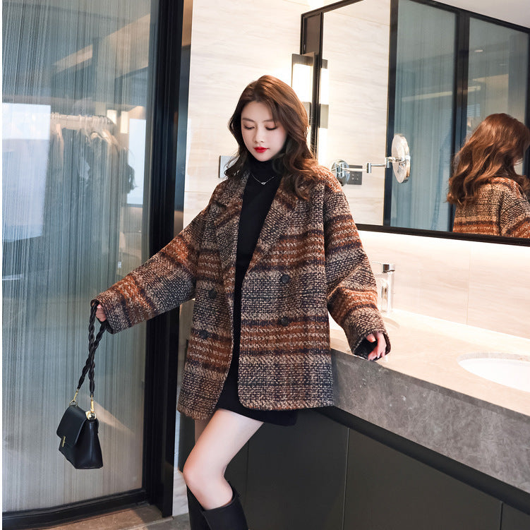 Women's Suit Jacket All-match New Popular Woolen Coat Plaid Tweed Mid-length