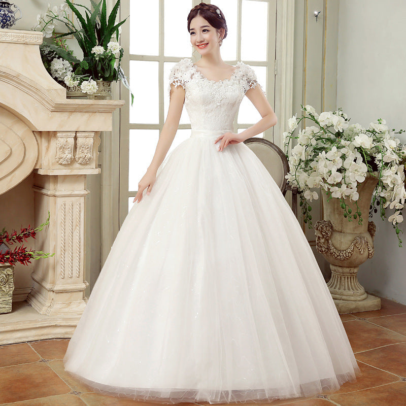 spring new bride married gauze dress, slim thin shoulders, the Korean lace flower word shoulder woman