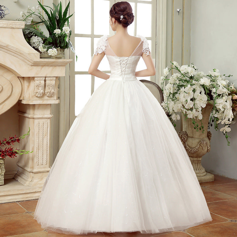 spring new bride married gauze dress, slim thin shoulders, the Korean lace flower word shoulder woman