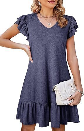 Women's V-neck Ruffle Loose Waist Short Sleeve Dress