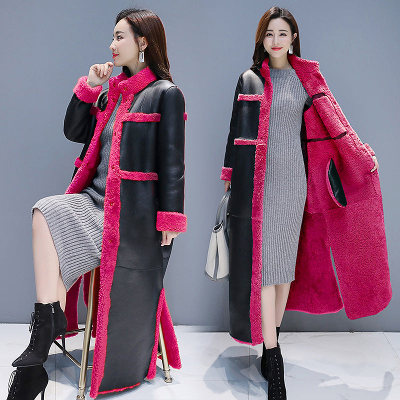 Women's Patchwork Goat Cake Fur And Leather Overcoat Coat