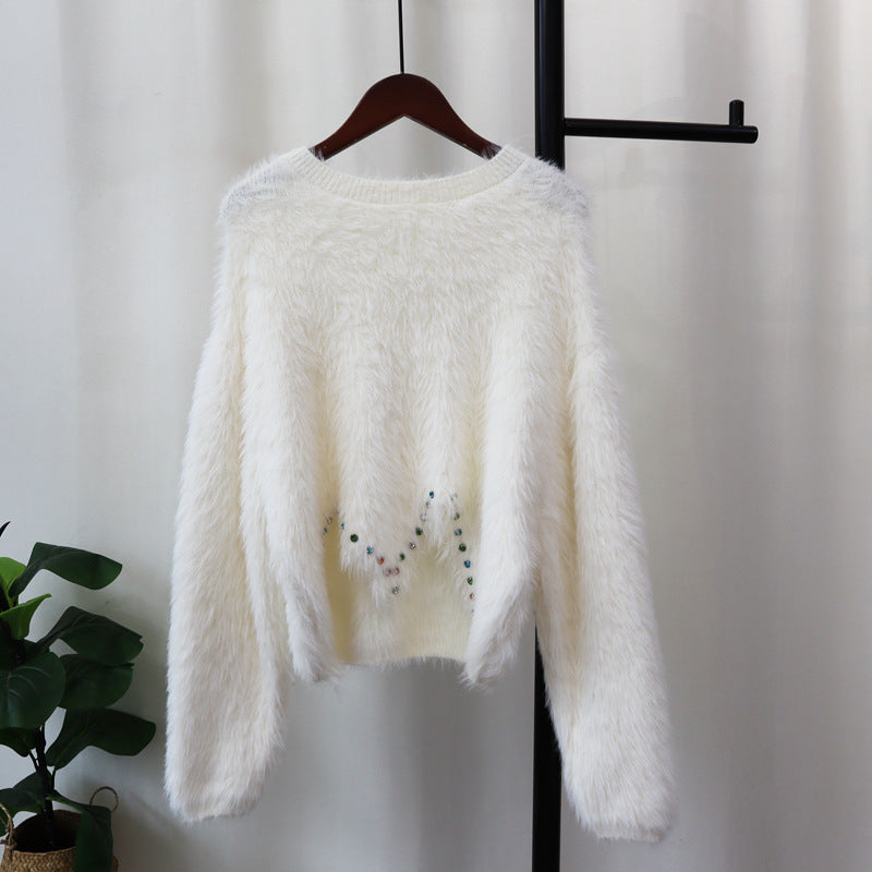 Irregular Nail Drill Mink Fur Knitted Sweater Top