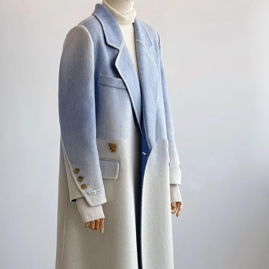 Double-faced Woolen Goods Shoulder Elegant Blue Gradient White Coat Coat