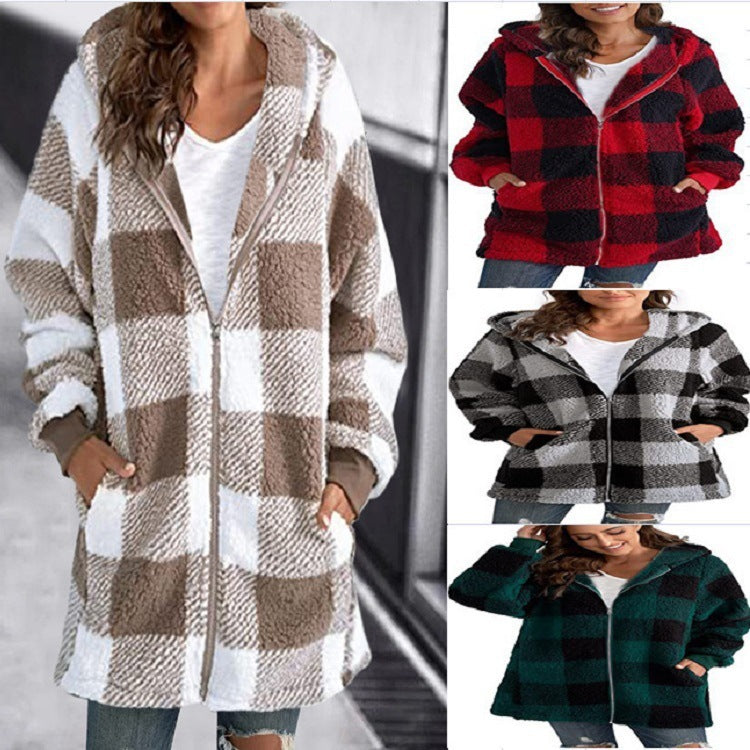 European Velvet Women's Long-sleeved Plaid Hooded Zipper With Pockets Baggy Coat