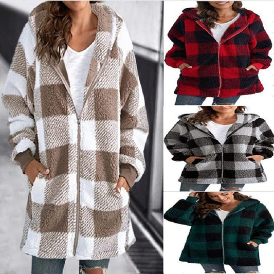 European Velvet Women's Long-sleeved Plaid Hooded Zipper With Pockets Baggy Coat