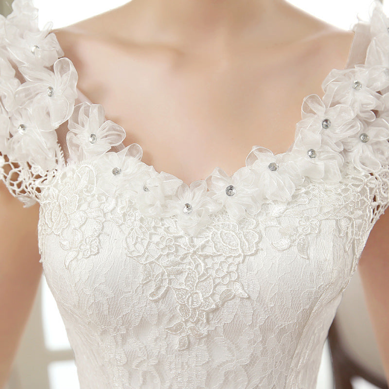 spring new bride married gauze dress, slim thin shoulders, the Korean lace flower word shoulder woman