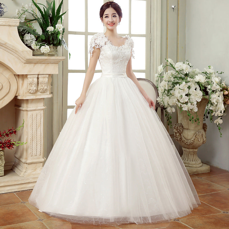 spring new bride married gauze dress, slim thin shoulders, the Korean lace flower word shoulder woman