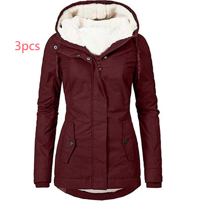 Solid Color Pocket Long-sleeve Zipper Fleece Padded Coat Women