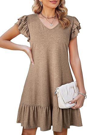 Women's V-neck Ruffle Loose Waist Short Sleeve Dress