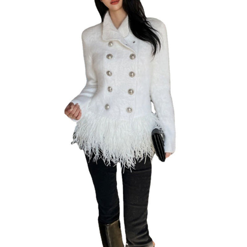 Lapel Long Sleeve Slim Double Breasted Tassel Coat Women