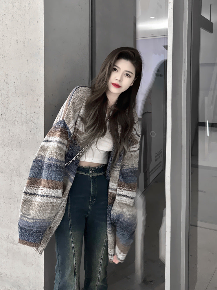 Contrast Color Striped Cardigan Sweater Coat Autumn And Winter New Design Sense