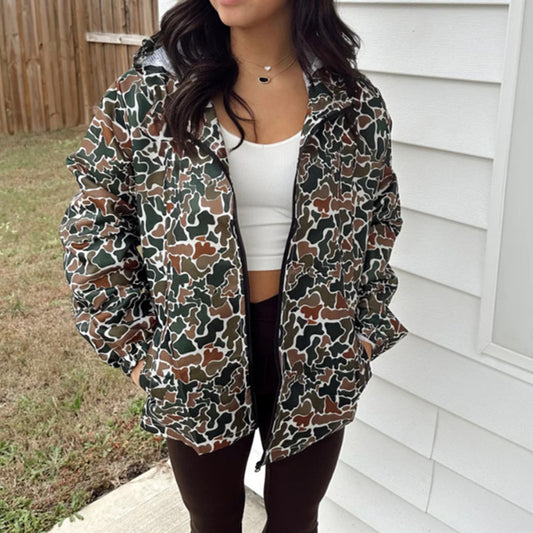 Camouflage Long Sleeve Zipper Rain Jacket Women