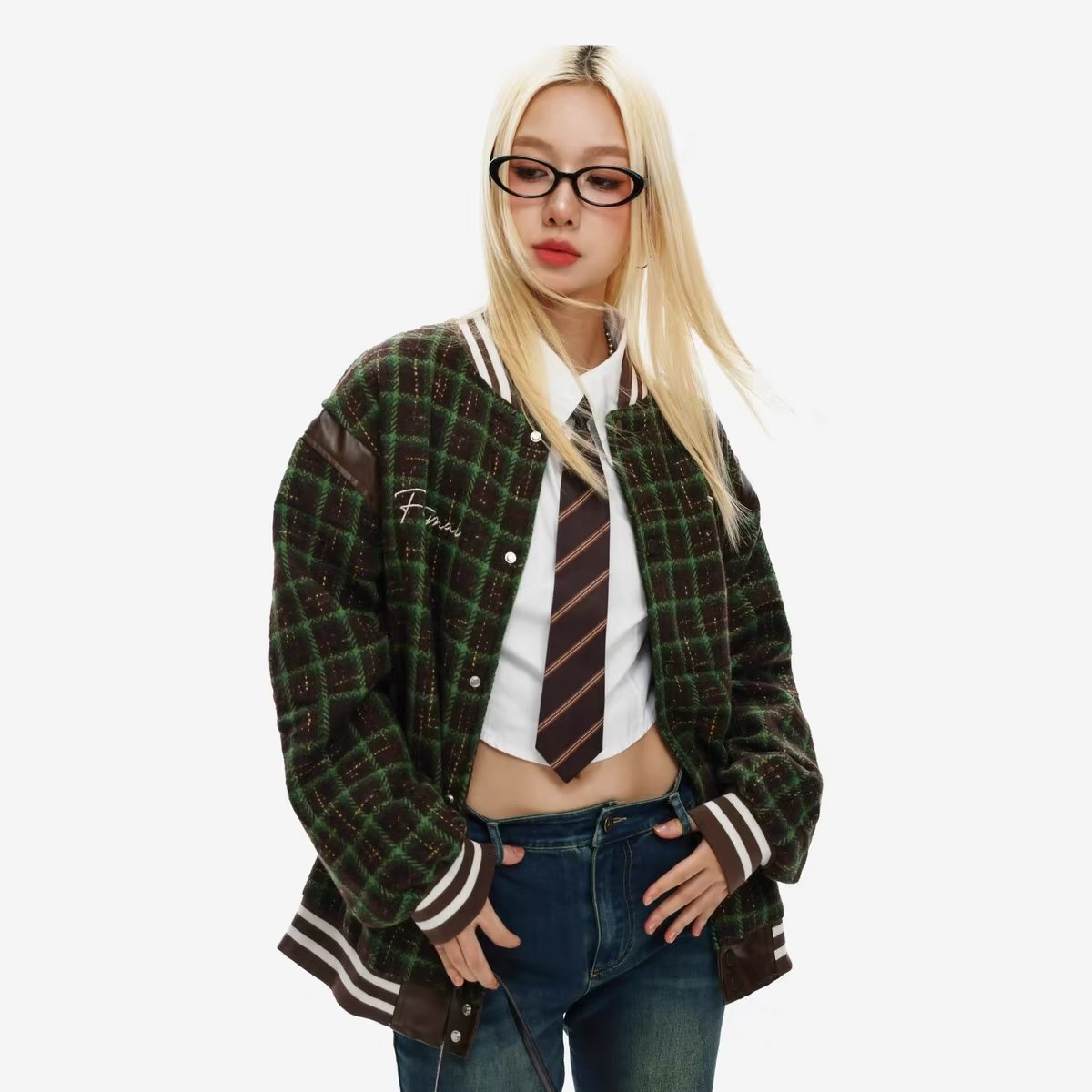 Autumn Chic Plaid Embroidered Baseball Uniform Coat