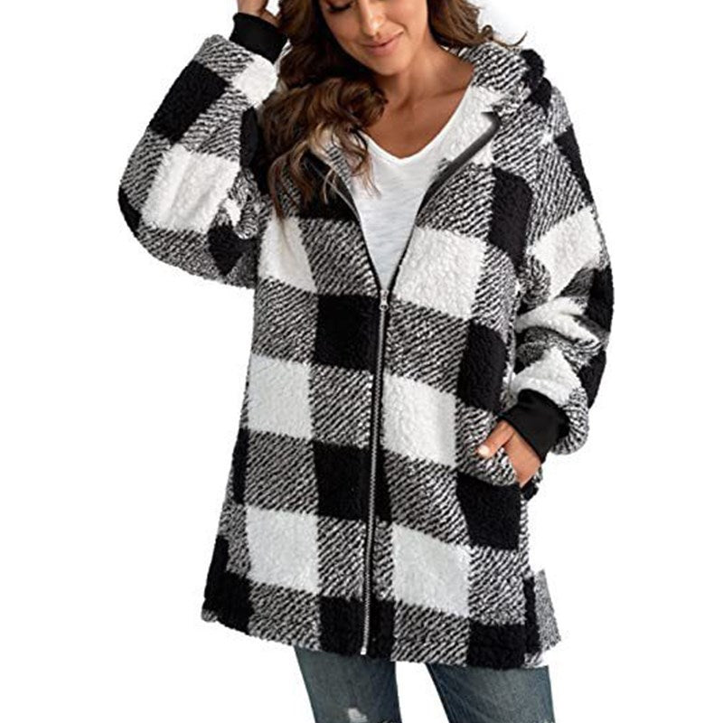 European Velvet Women's Long-sleeved Plaid Hooded Zipper With Pockets Baggy Coat