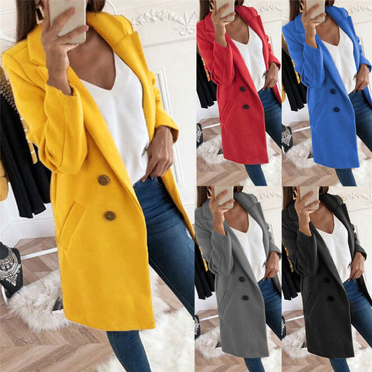 Solid Color Polo Collar Mid-length Button Woolen Coat