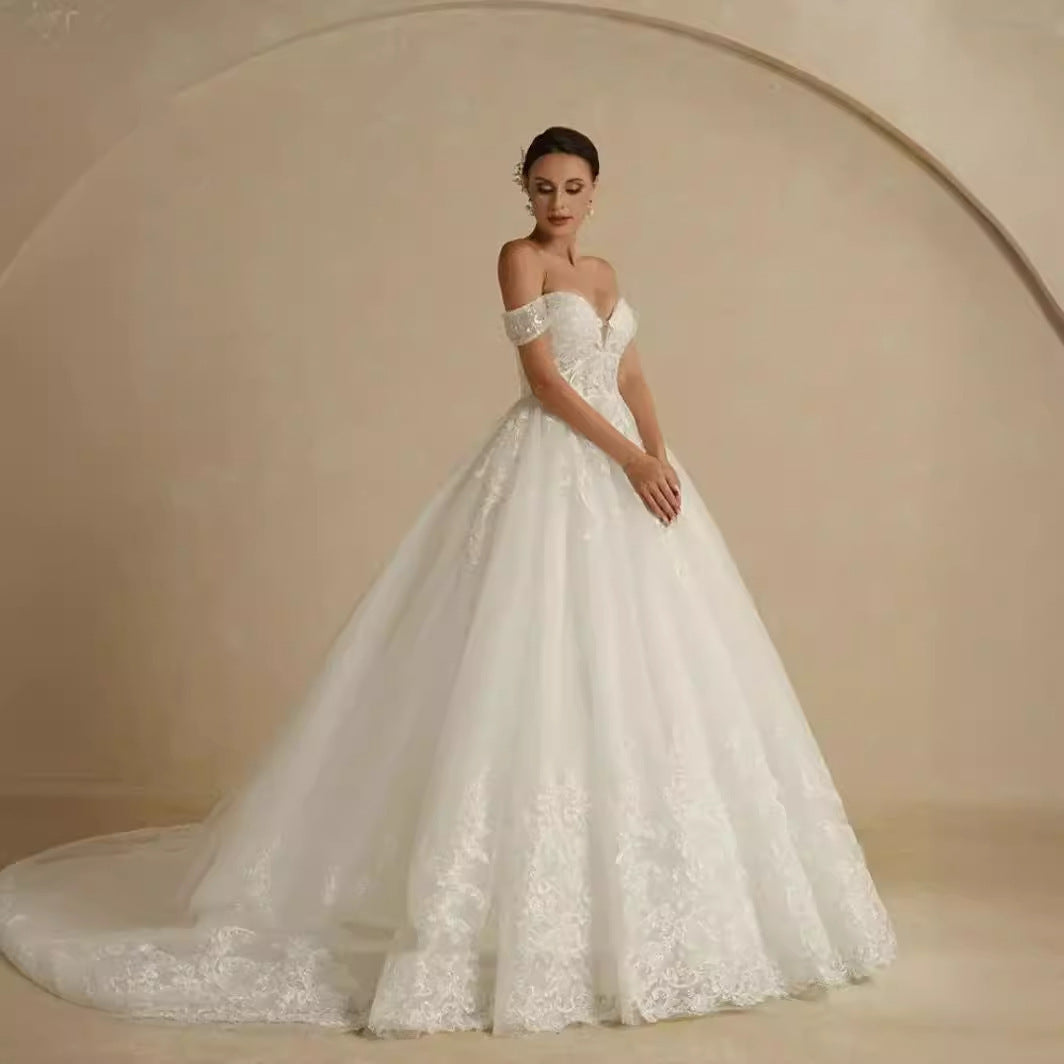 Off-shoulder Bridal Main Wedding Dress Elegant Court Style High-grade Luxury French Light Door Yarn