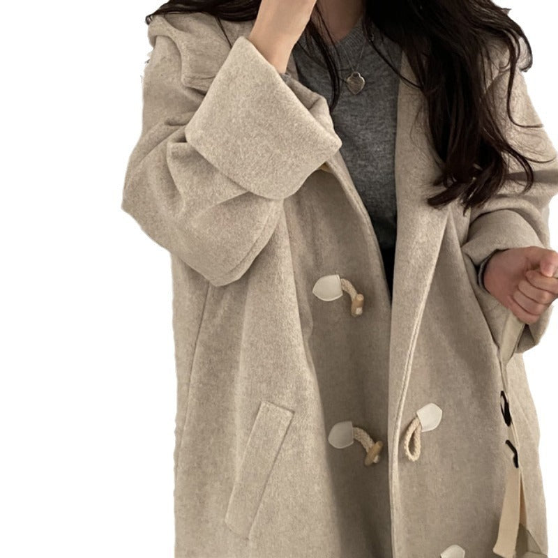 Temperament Horn Button Hooded Woolen Coat Women