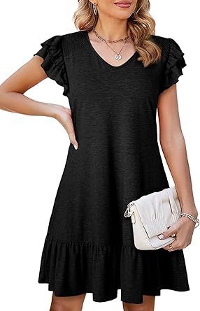 Women's V-neck Ruffle Loose Waist Short Sleeve Dress