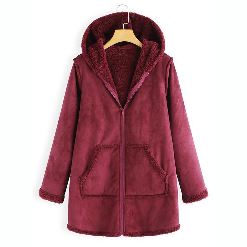 Winter Pocket Warm Plush Hooded Coat