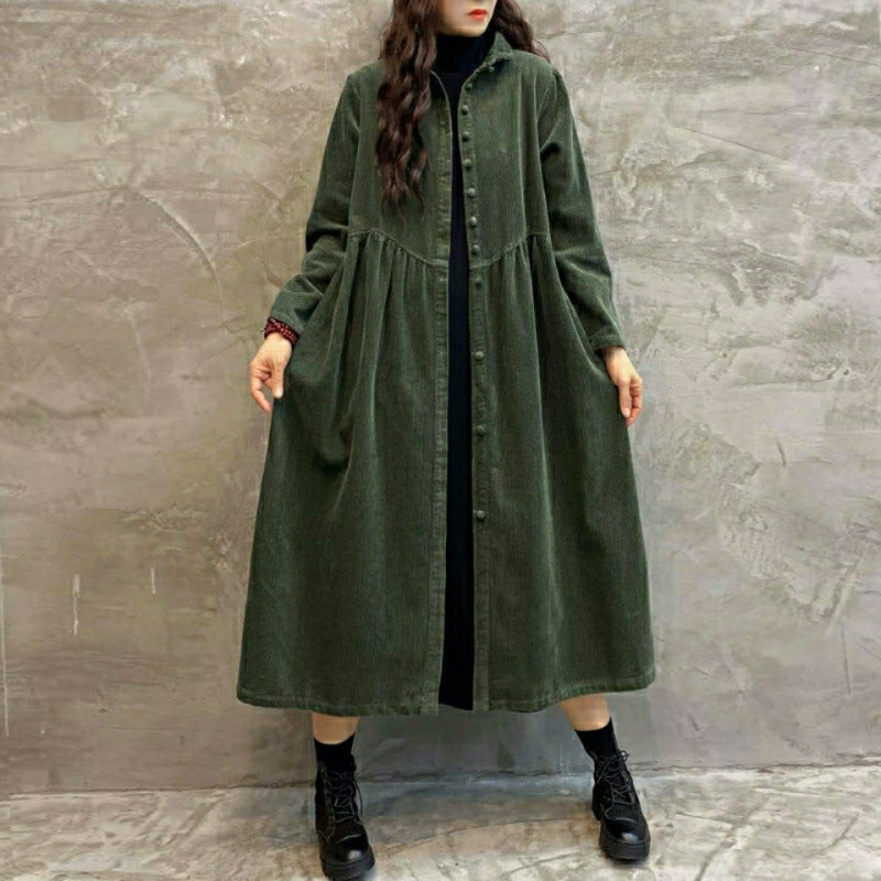 Retro Artistic Corduroy Women's Dust Coat Spring Long Below The Knee Outer Wear Corduroy Loose