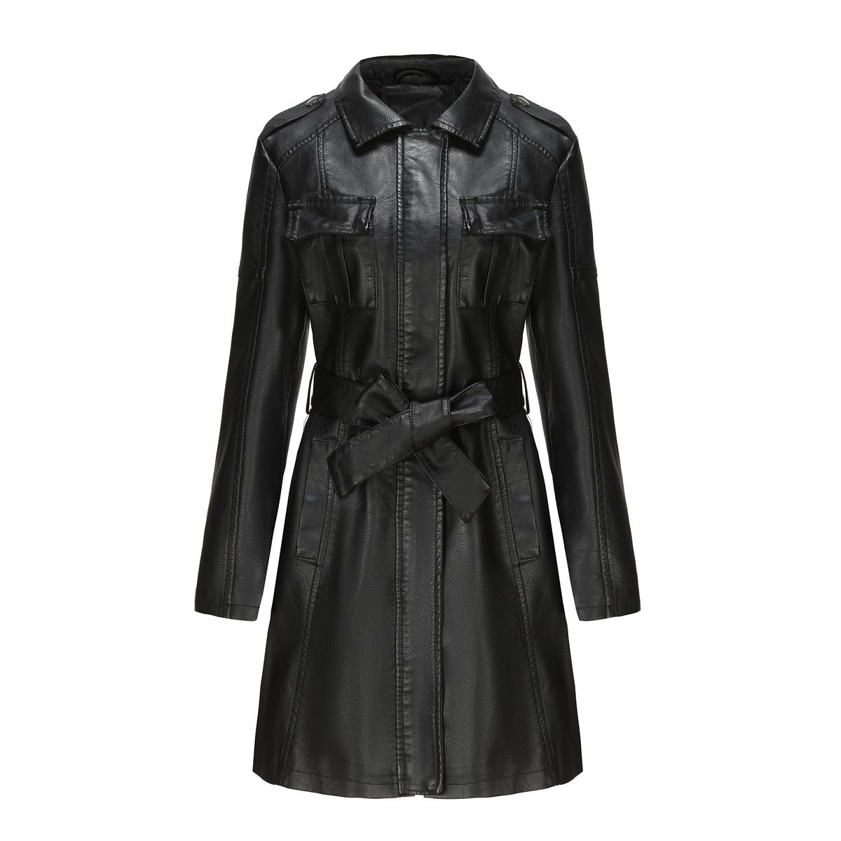 New European And American-style Mid-length Leather Coat With Belt Fashion British Coat For Women