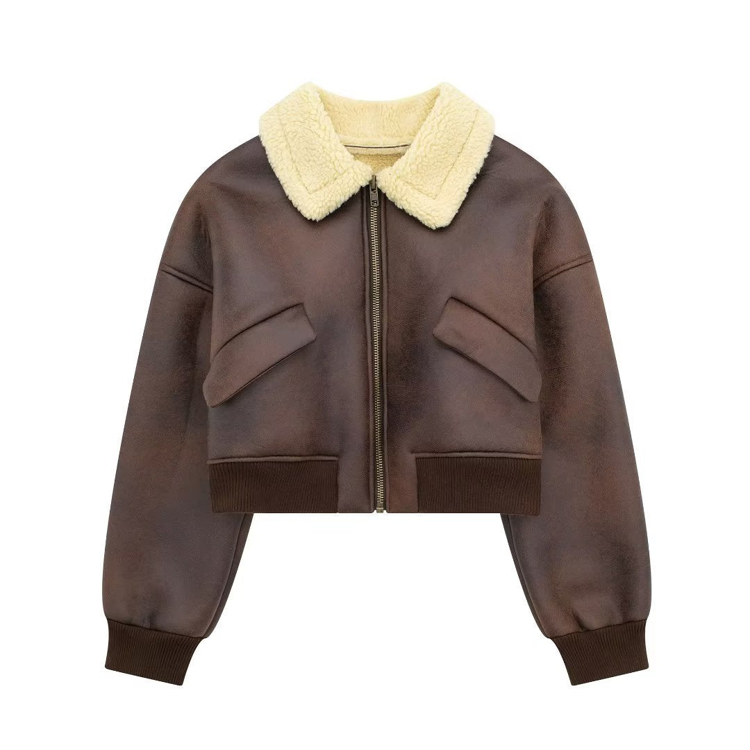 Fashionable All-match Lapel Long Sleeve Zipper Double-sided Flight Jacket