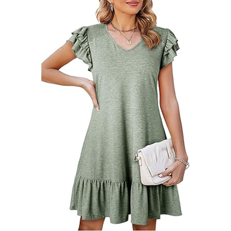 Women's V-neck Ruffle Loose Waist Short Sleeve Dress