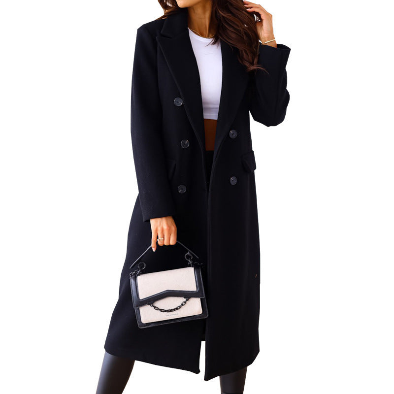 Simple Double Breasted Long Sleeve Lapel Button Woolen Coat