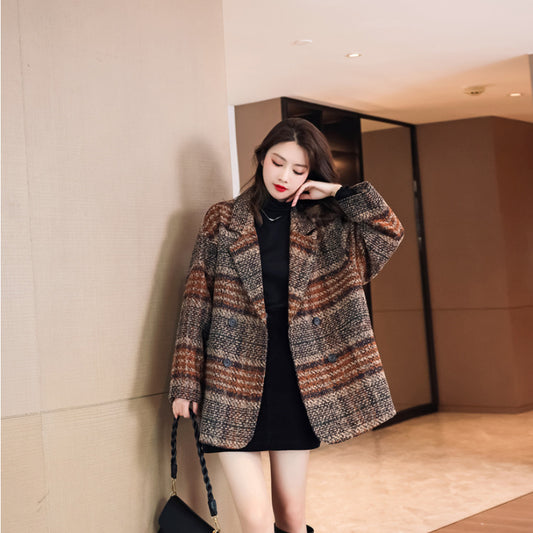 Women's Suit Jacket All-match New Popular Woolen Coat Plaid Tweed Mid-length