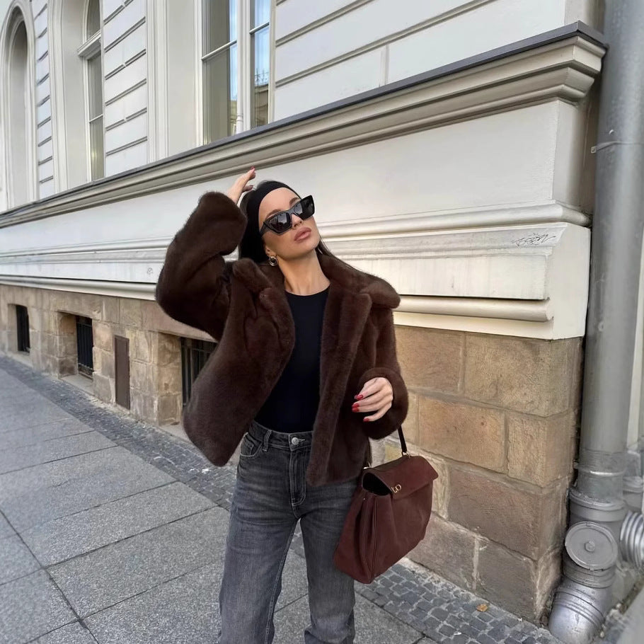 Women's Brown Fluffy Faux Fur Jacket