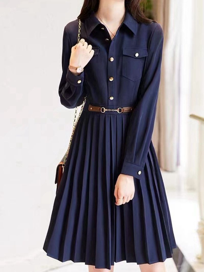 Lapel Loose Long Sleeve Simple Elegant Dress