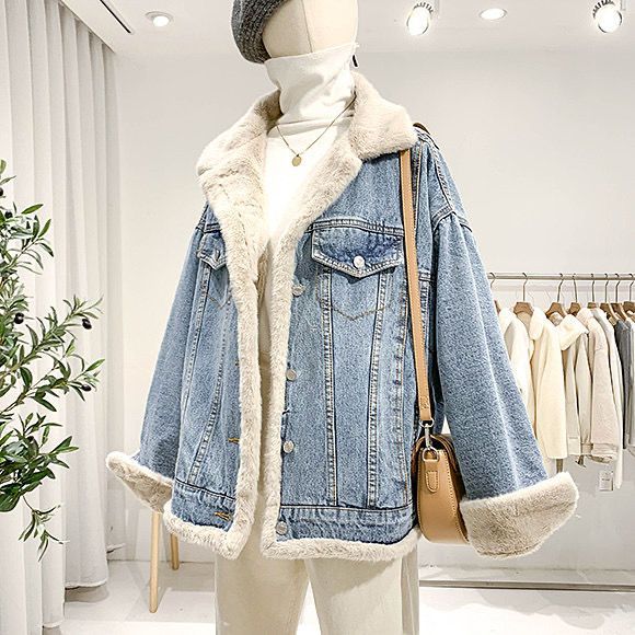 Winter Fleece-lined Thickening Denim Jacket Women's-Style Loose Lambswool Casual All-Matching Reversible Cotton-Padded Coat Fashion