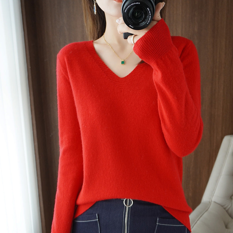 Autumn and winter V-neck sweater women Douyin hot-selling wool pullover sweater spring and autumn solid color bottoming sweater