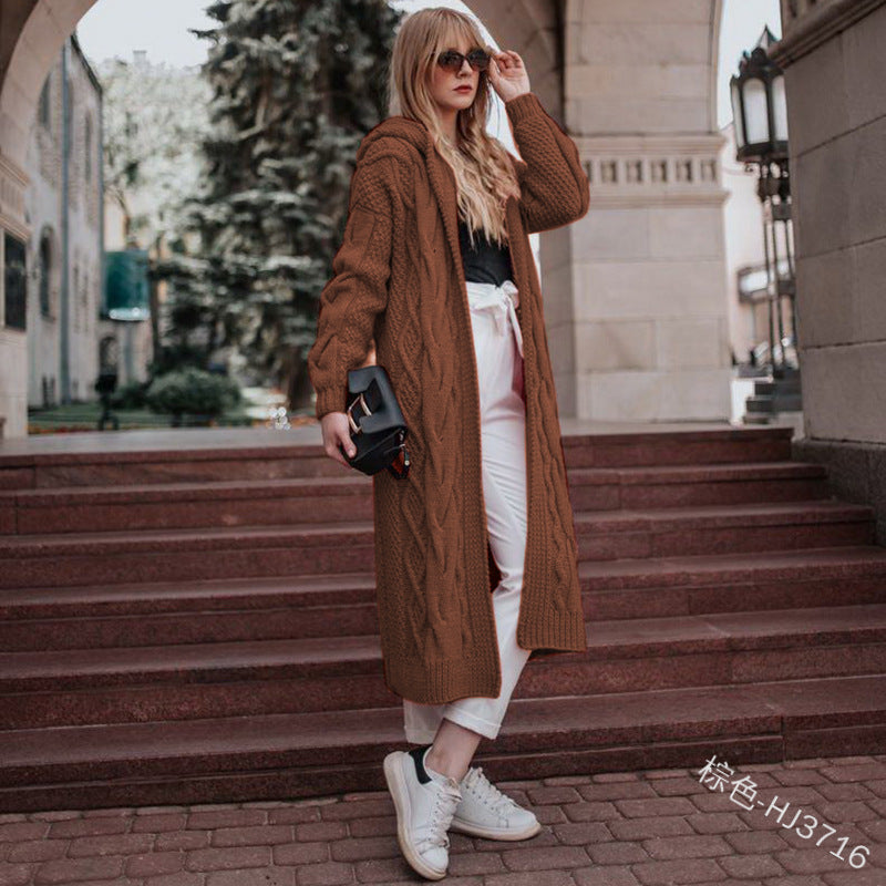 autumn and winter hot sale solid color hooded long loose cardigan sweater twist knit sweater women