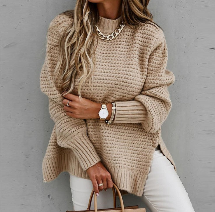 autumn and winter new cross-border half high neck loose solid color long-sleeved thick needle side slit knitted sweater women