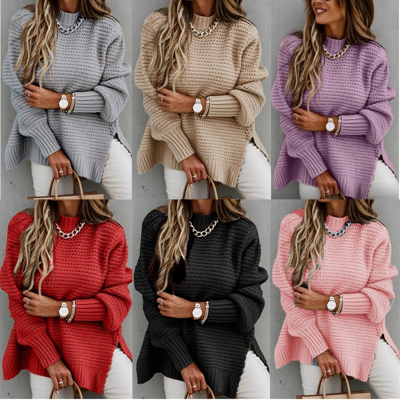 autumn and winter new cross-border half high neck loose solid color long-sleeved thick needle side slit knitted sweater women