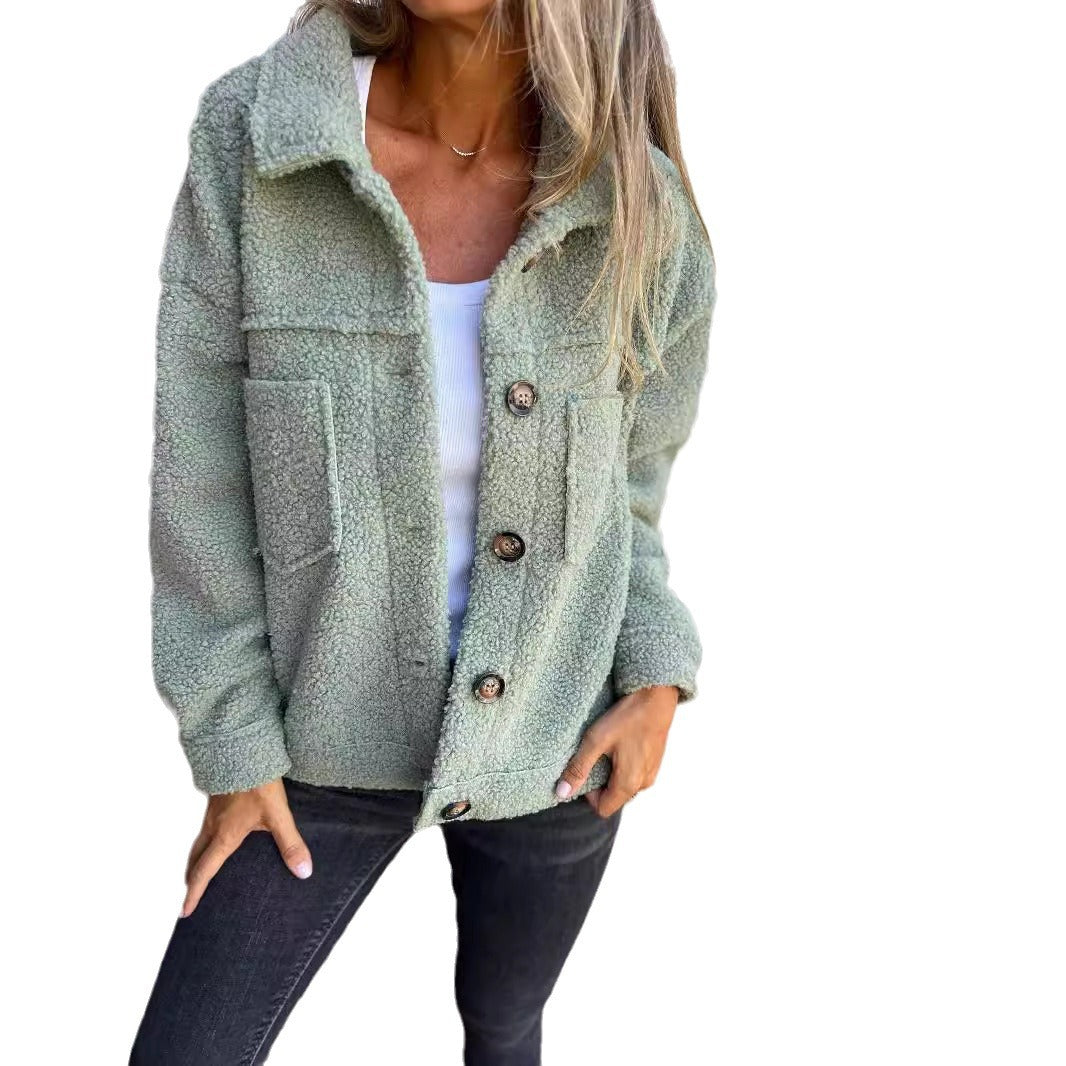 cross-border autumn and winter new lambskin patch pocket single row casual cardigan jacket for women ~ Independent station fast sale