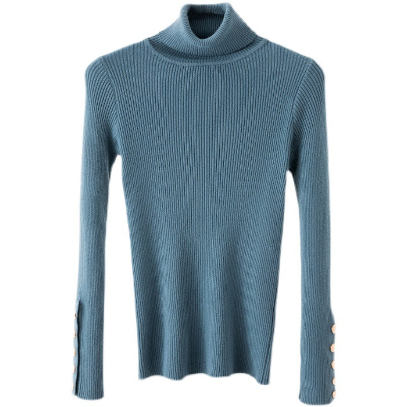 autumn and winter new style turtleneck pullover sweater women's inner tight button long-sleeved knitted bottoming shirt top