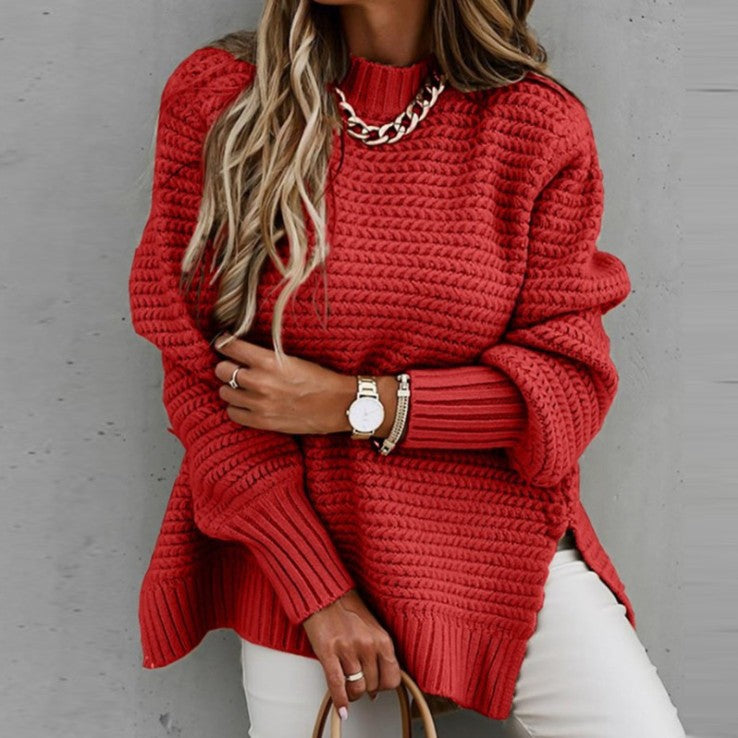 autumn and winter new cross-border half high neck loose solid color long-sleeved thick needle side slit knitted sweater women