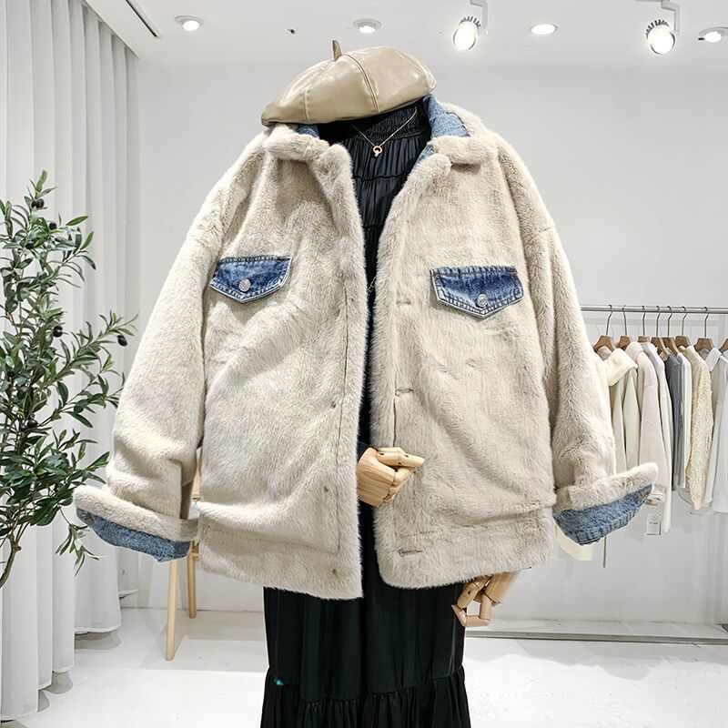 Winter Fleece-lined Thickening Denim Jacket Women's-Style Loose Lambswool Casual All-Matching Reversible Cotton-Padded Coat Fashion