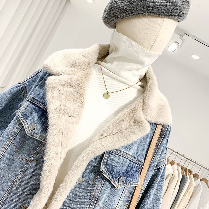 Winter Fleece-lined Thickening Denim Jacket Women's-Style Loose Lambswool Casual All-Matching Reversible Cotton-Padded Coat Fashion