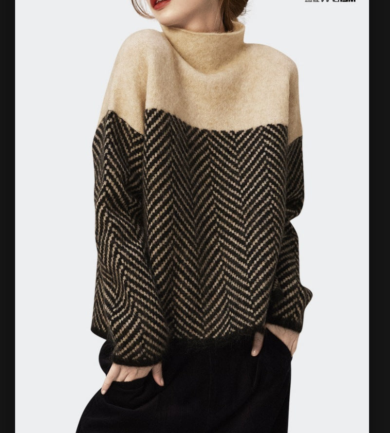 pullover knitted sweater high collar loose versatile striped lazy style thickened sweater for women