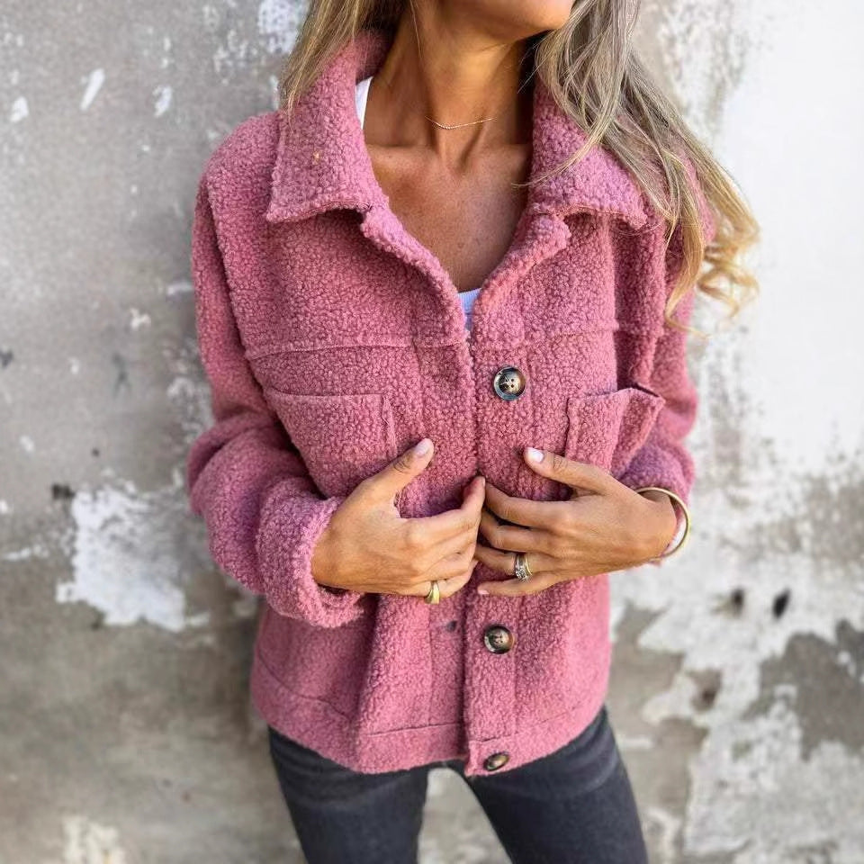 cross-border autumn and winter new lambskin patch pocket single row casual cardigan jacket for women ~ Independent station fast sale