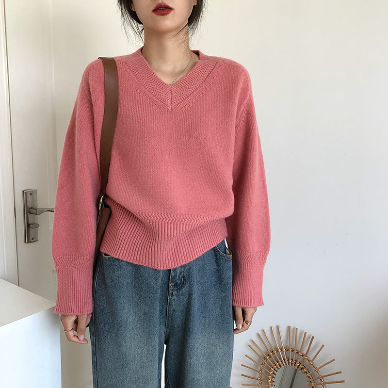 V-neck sweater women's new autumn and winter  style lazy style retro design sweater top for outer wear