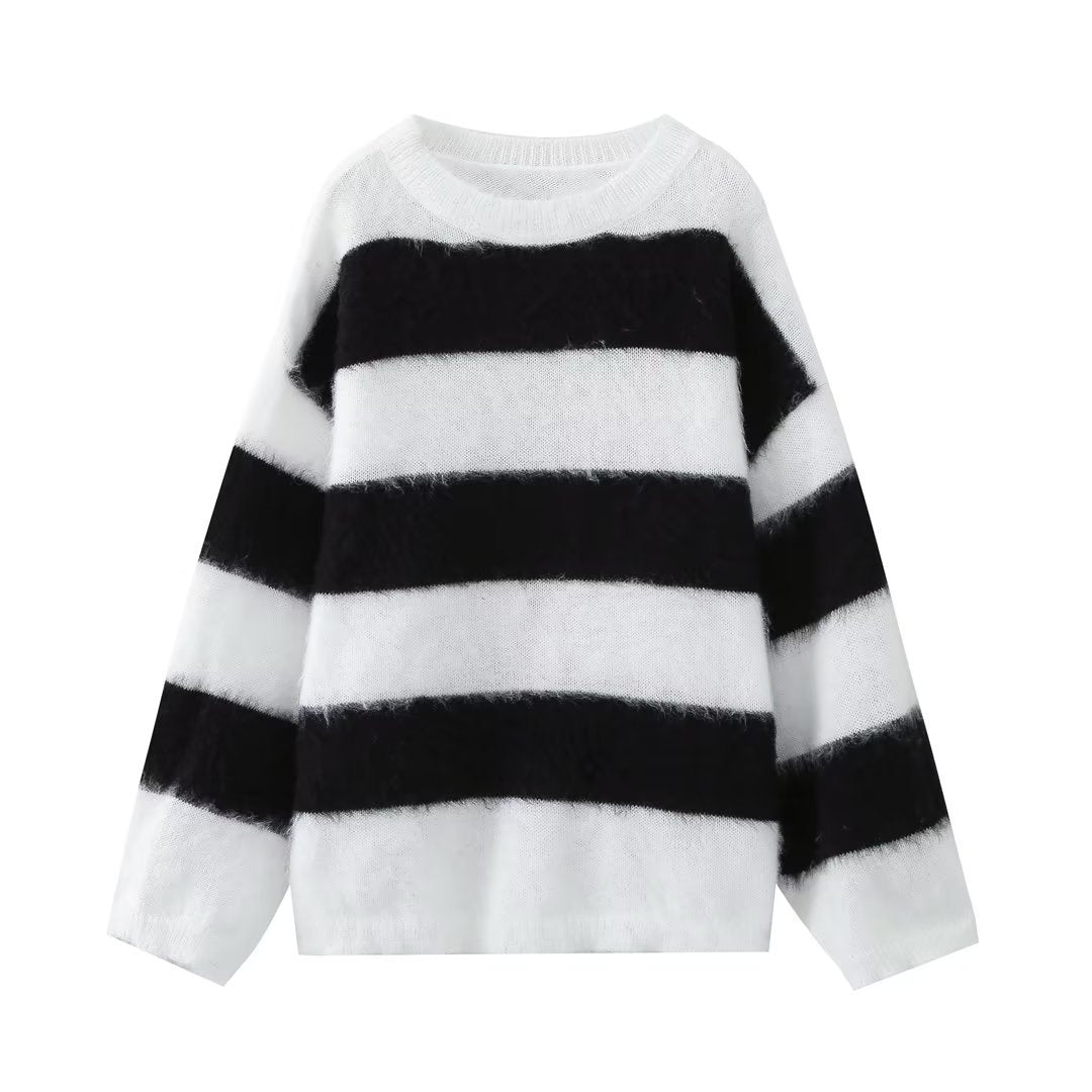 Cross-border autumn and winter new loose casual striped long sleeves contrasting round neck