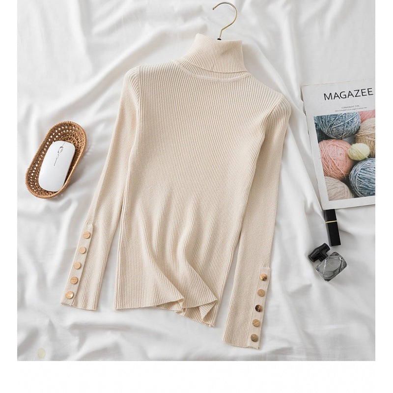 autumn and winter new style turtleneck pullover sweater women's inner tight button long-sleeved knitted bottoming shirt top