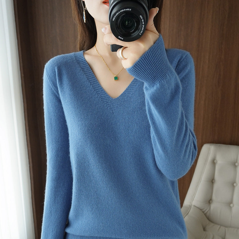 Autumn and winter V-neck sweater women Douyin hot-selling wool pullover sweater spring and autumn solid color bottoming sweater