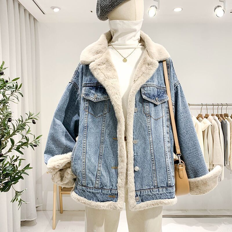 Winter Fleece-lined Thickening Denim Jacket Women's-Style Loose Lambswool Casual All-Matching Reversible Cotton-Padded Coat Fashion