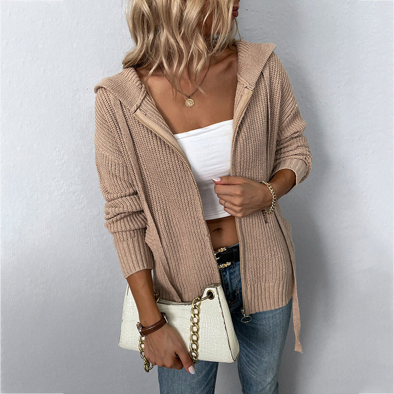 Drizzle Solid Color Hooded Zipper Knitwear Autumn and Winter New Drawstring Pocket Sweater Women's Cardigan Jacket